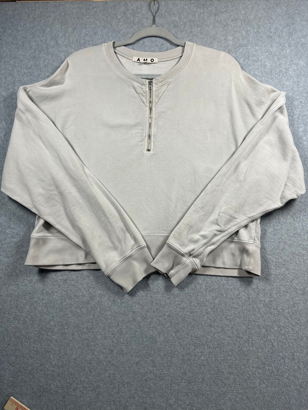 AMO Quarter Zip Drop Shoulder Sweatshirt Women's Large Light Gray Cotton